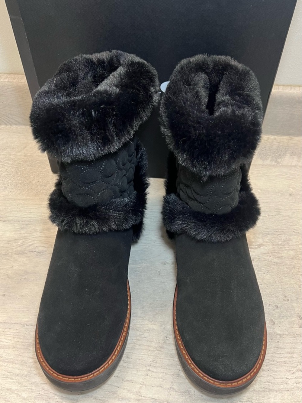 COACH IZZIE Boots Size 11 Black Signature Midcalf Suede Faux Fur FG4597 - Picture 2 of 16